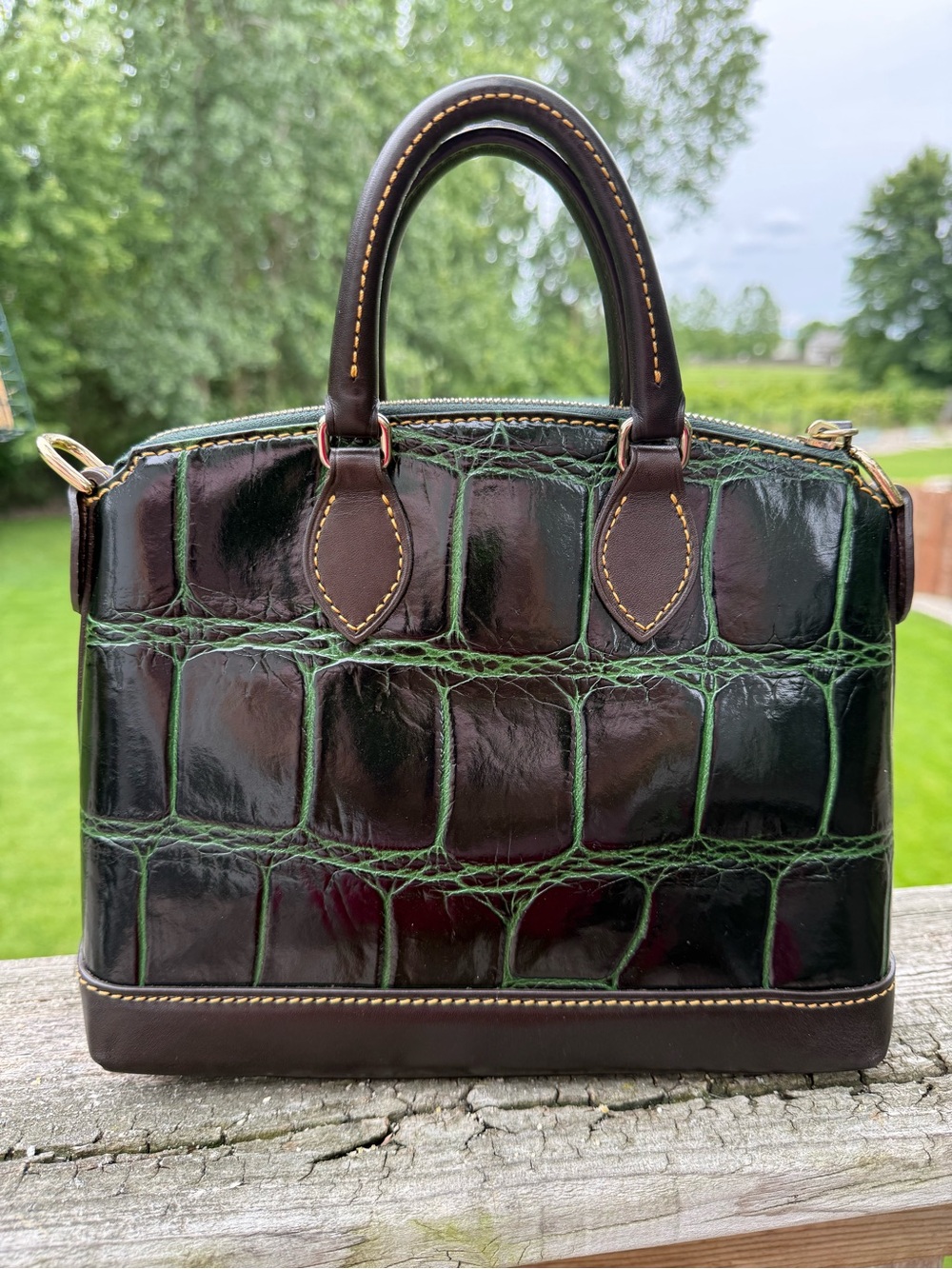 Dooney & Bourke Green Croc-Embossed Leather mini Dillen Satchel Dark Brown Trim - Picture 4 of 16